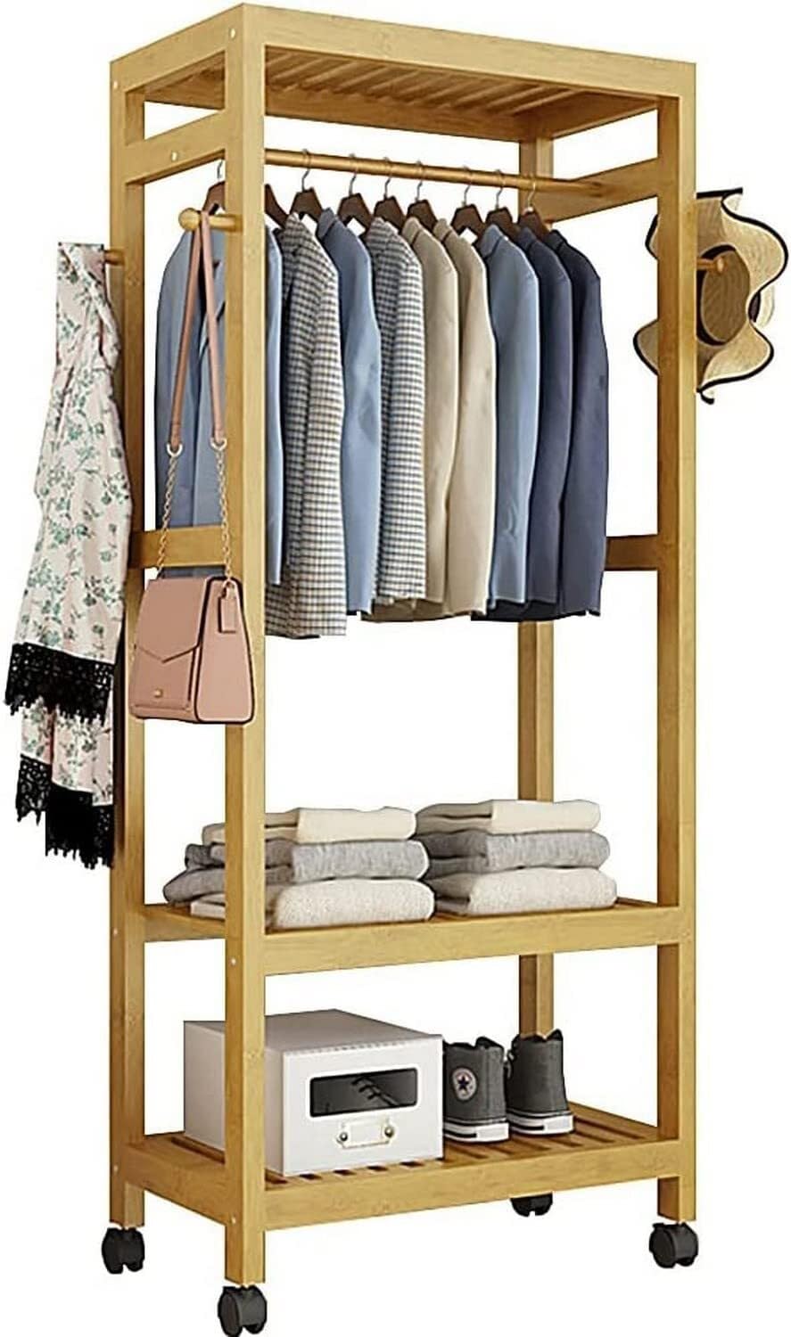 Porte-vêtements en bois 60cm avec penderie ouverte et 3 étagères