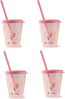 Snips 4er Set Becher mit Deckel und Strohhalm, 385 ml, Becher und Strohhalm wiederverwendbar und spülmaschinenfest, für Wasser, Saft und Getränke, Einhorn-Dekor, Made in Italy