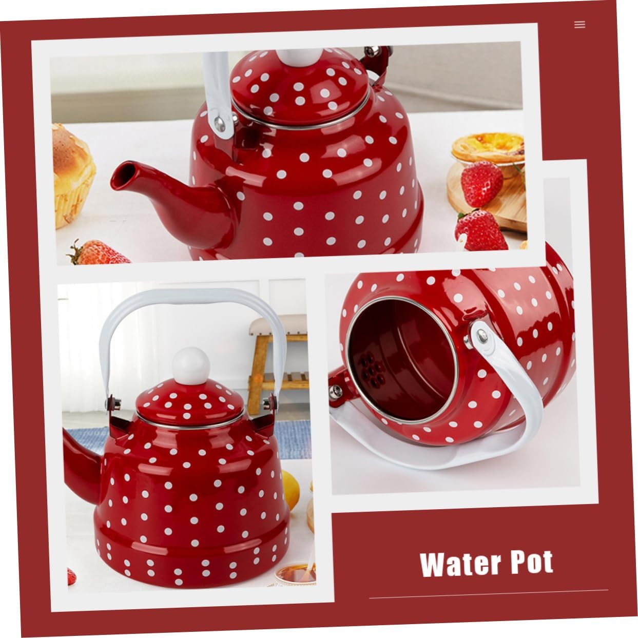 GLEAVI Red White Dot Enamel Tea Pot Whistling Stovetop Kettle Decorative Kettle for Kitchen