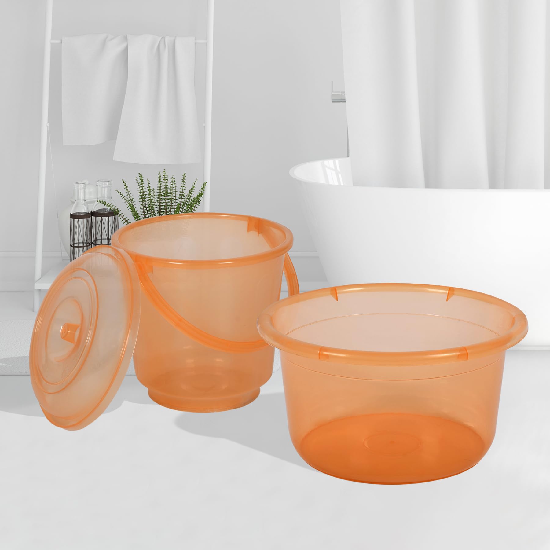 Kuber Industries Set of 2 Bathroom Combo Set | Bathroom Set | Tub-25 L & Bucket-13 L Bathing Set for Bathroom | Modern Bathroom Accessories Set | Transparent Orange
