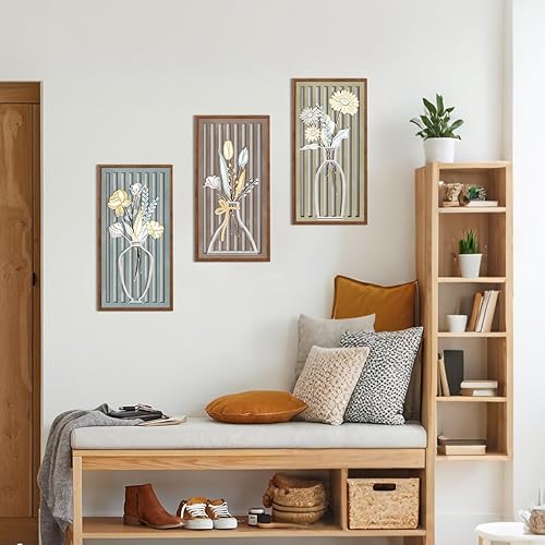 Miniatura 4 de BINCUE 3 piezas de decoración de pared de mercado de flores bohemias, botánica, moderna, arte de pared de madera, bohemio, floral, decoración