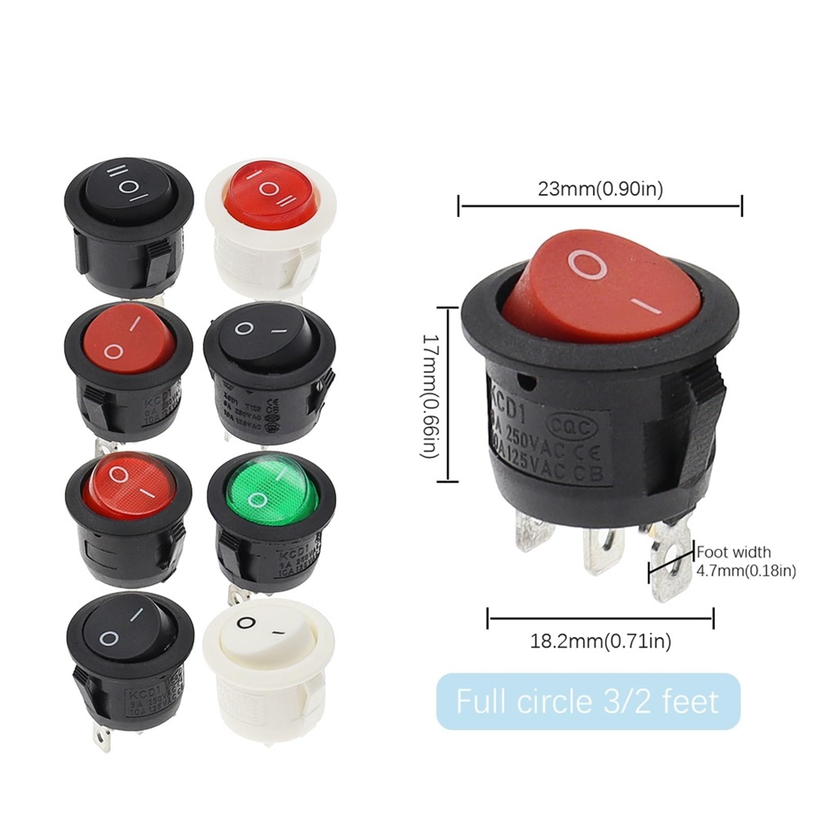 Okrągły przełącznik kołyskowy ON/OFF podświetlany LED do deski rozdzielczej samochodu, vana, 12V 24V / 6A 250V / 10A 125V 2/3/4PIN przełącznik 20 mm 5 sztuk(3 piny ON-OFF-ON)