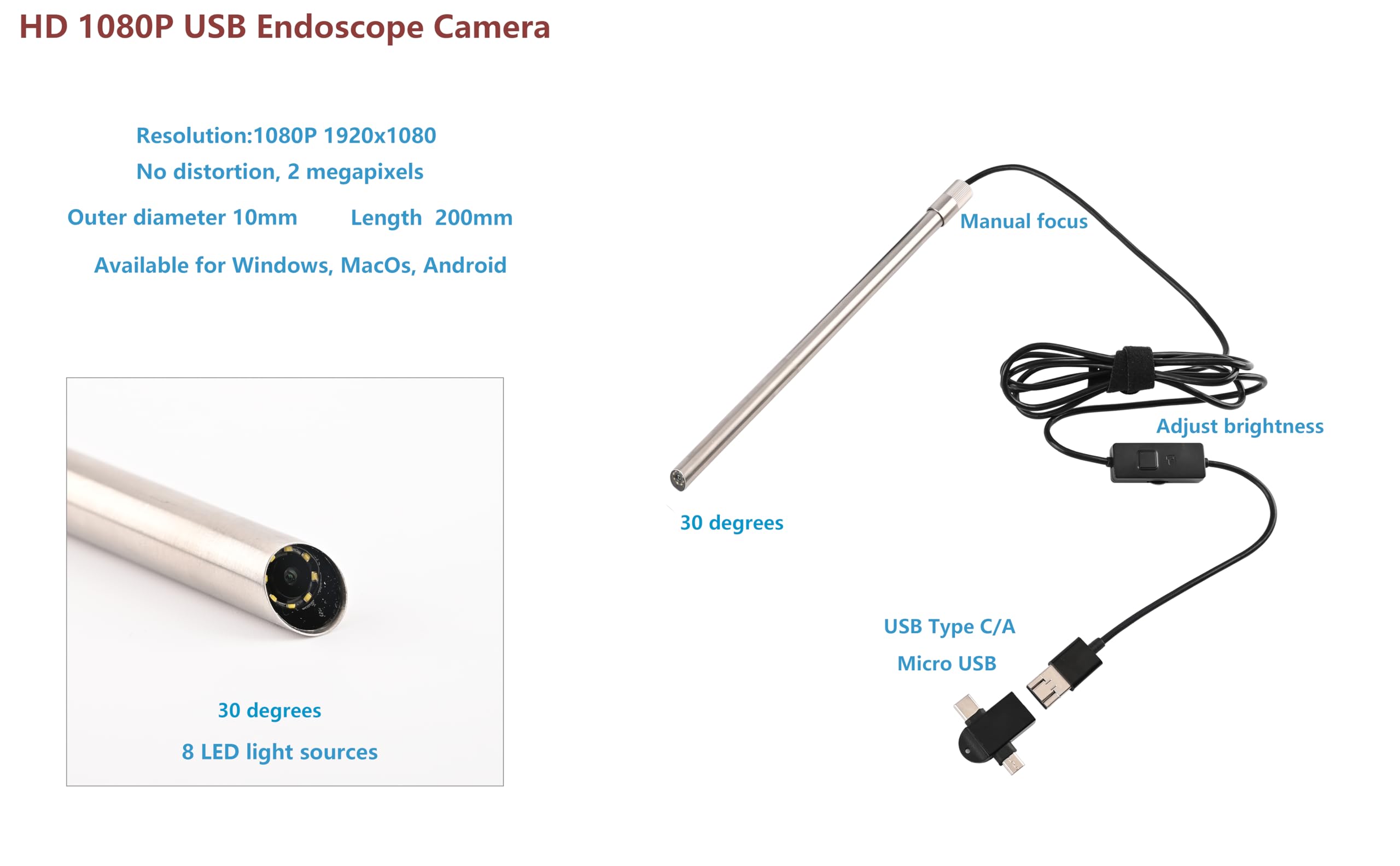 Simulación Laparoscópica Entrenamiento HD 1080P USB 0 o 30 Grados Cámara endoscópica para Entrenamiento, con Base metálica (Cámara de 0°)(Cámara de 30°)