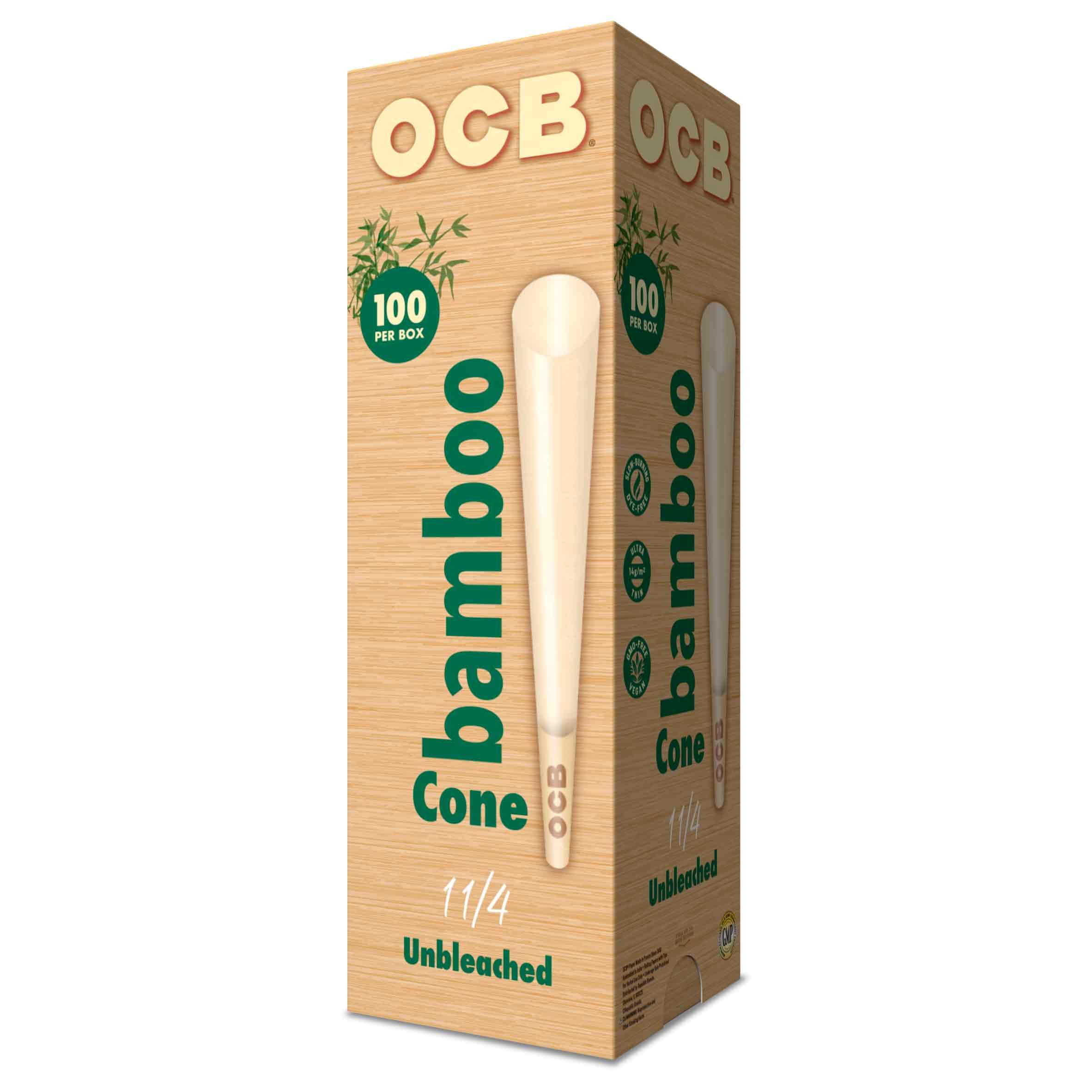 OCB Bamboo Unbleached Pre-Rolled Rolling Paper Cones 1-1/4 (84mm) Size - 100 Cones