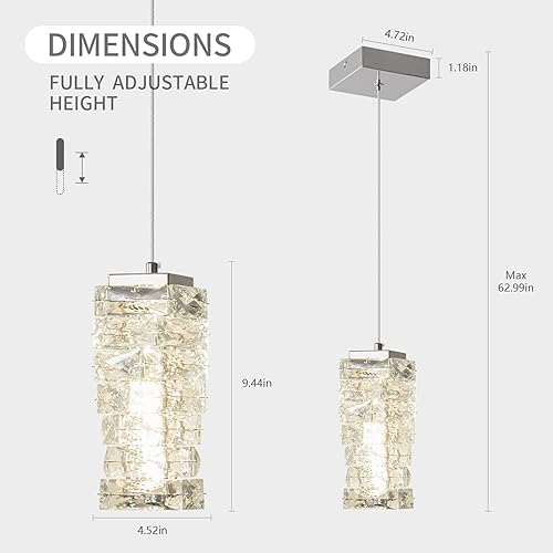 Miniatura 2 de ADCTHOME Iluminación colgante moderna, mini candelabros de cristal, lámpara colgante ajustable para cocina, isla, comedor, dormitorio (cromo, 1 luz)