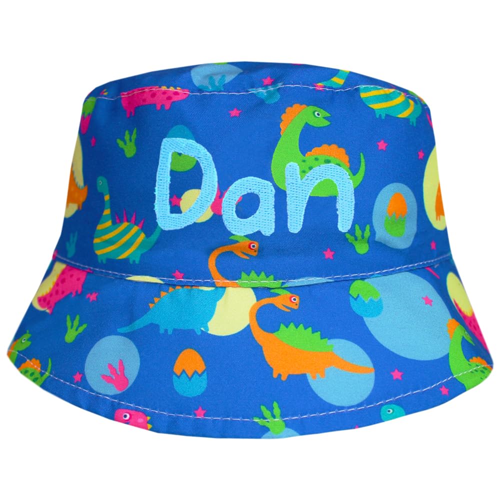 Teddyt's Baby Blue Personalised Baby Dinosaur Colourful Bucket Sun Hat (As8, Age, 6_Months, 12_Months, )