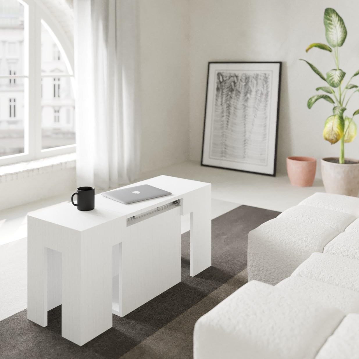 VE.CA.s.r.l. - Panca Allungabile Candy - In Legno Nobilitato - Con Porta Prolunghe - Allungabile Fino a 3 Metri - Arredo Casa, Cucina - Colore: Bianco Frassinato - Made in Italy