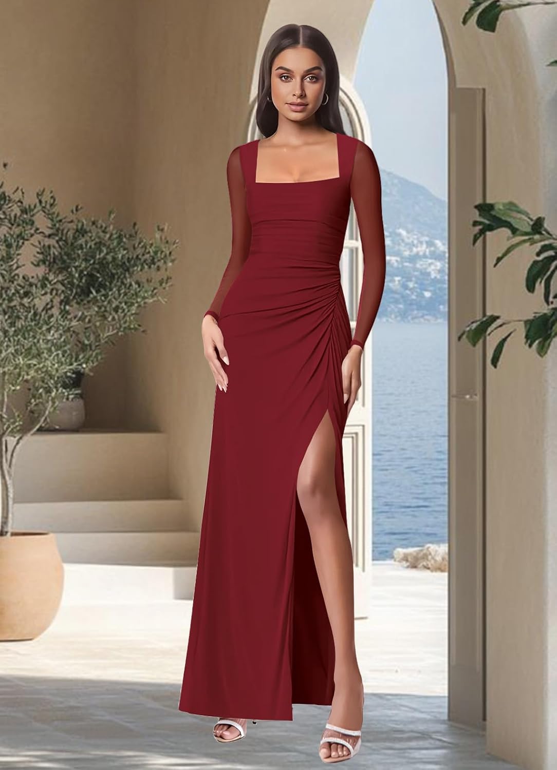 Women Mesh Long Sleeve Square Neck Ruched Sheath Formal Evening Maxi Dress Cocktail Party Wedding Guest Dresses - Image 4