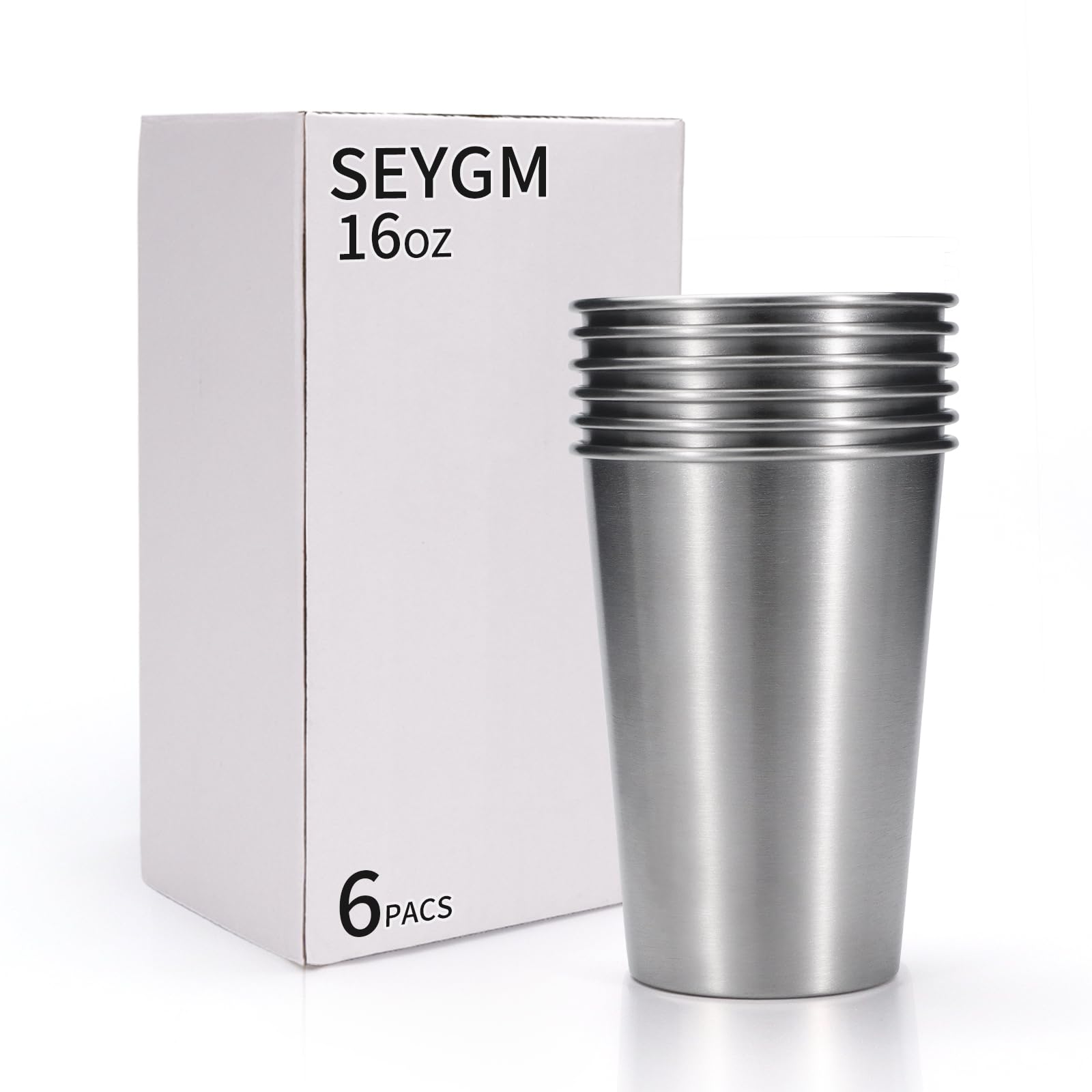 SEYGM 16 oz(6pack) Premium Stainless Steel Pint Cup,Pint Cup Tumbler,Reusable Metal Cup,100% BPA Free,Stackable,Durable
