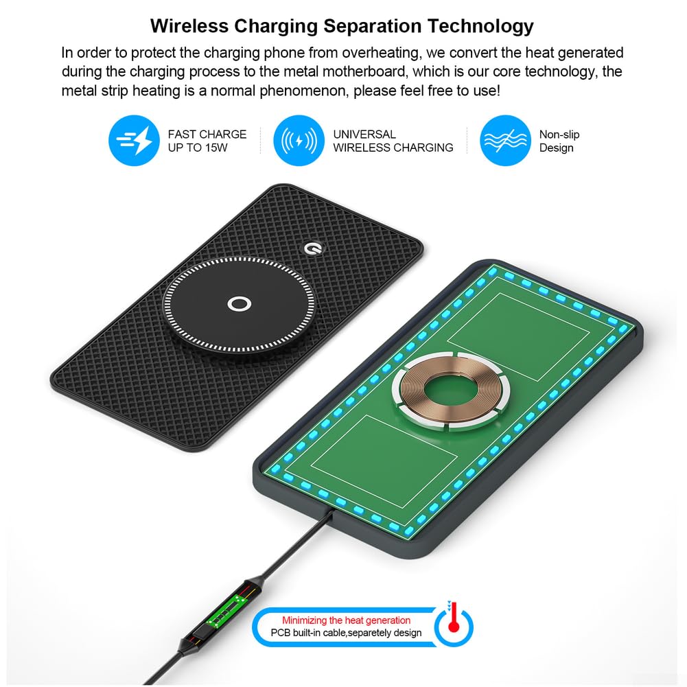 1 caricabatterie wireless per auto, 20 W, ricarica rapida con luce RGB, tappetino antiscivolo per iPhone per Android, supporto magnetico per cruscotto auto, ABS nero, uso domestico e auto (cavo