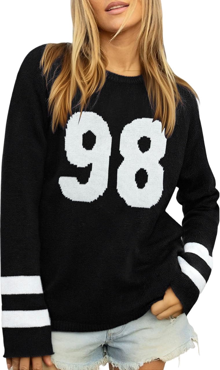Y2k Knitted Jersey Sweater Women Number Print Long Sleeve Top Sports Style Pullover Lightweight Round Neck Knit Top