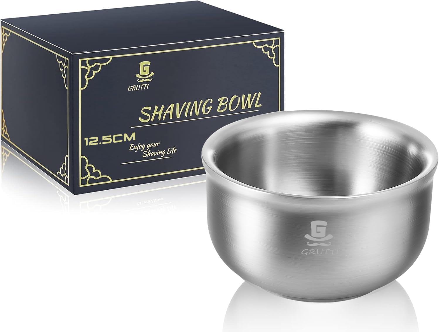 GRUTTI Shaving Bowl - Caliber 4.92 inch (12.5cm), Large Soap Cup Soap Bowl for Men Shaving Foam, Stainless Steel, Mug for Shave Cream for Men