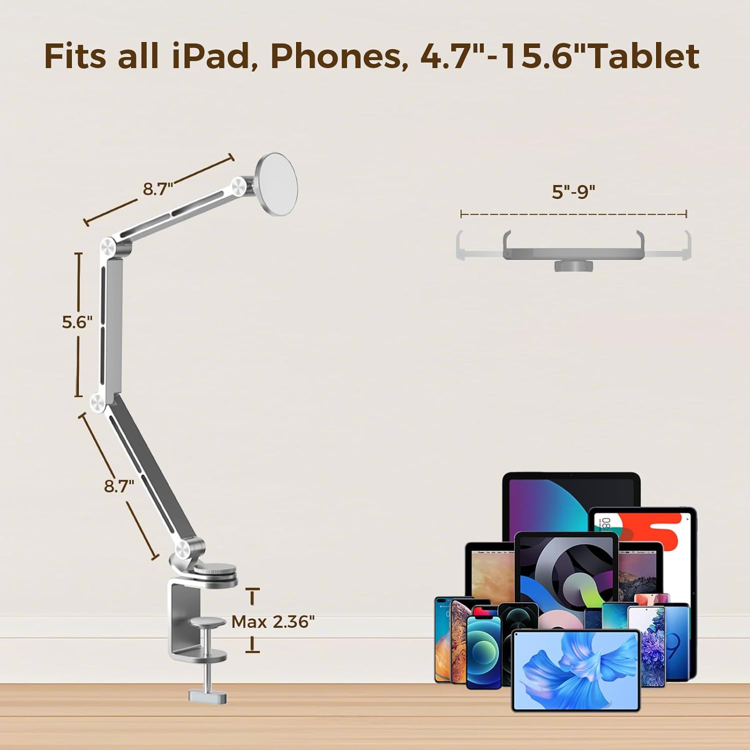 Tablet Stand for Desk, iPad Desk Mount, Magnetic Tablet Holder for Desk, Foldable Phone Arm Mount with 360° Adjustable Rotatable, Phone Holder iPad Stand Fits for 4.7-15.6" Screen (Sliver)