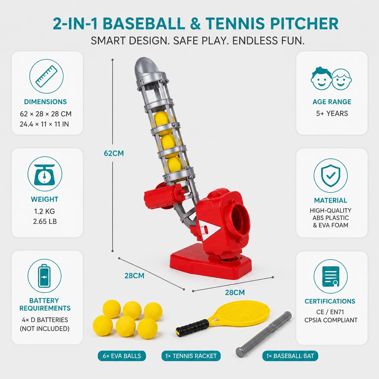 MMOBIEL 2 w 1 maszyna do baseballu i tenisa dla dzieci – automatyczny rzutnik piłek z 6 miękkimi piłkami EVA, rakietą i rakietą – zabawka sportowa na świeżym powietrzu od 5 lat – zestaw do ciosów