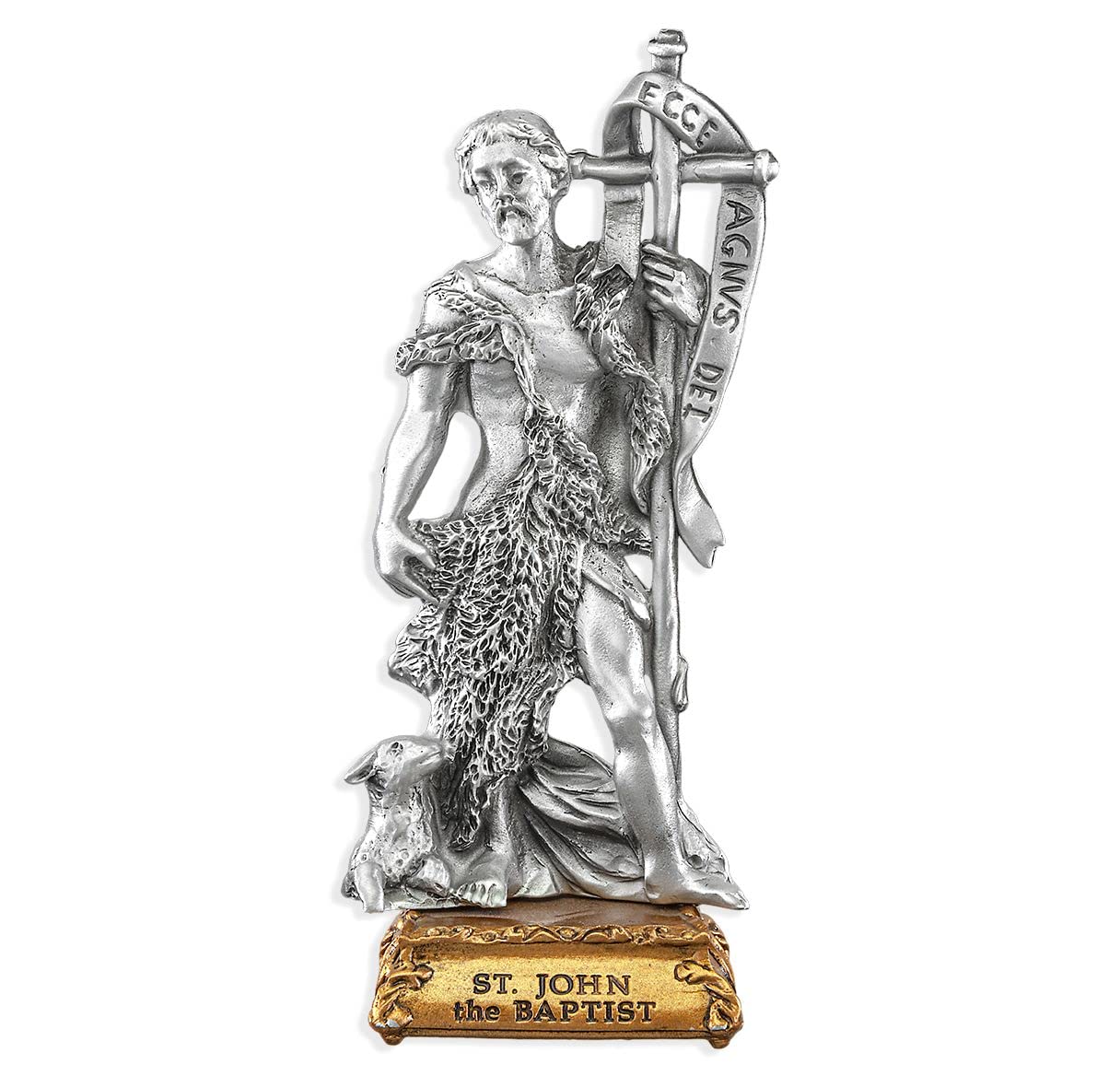 St. John The Baptist Fine Pewter Patron Saint Statue On Gold Tone Base, Made in The USA, 4-1/2"