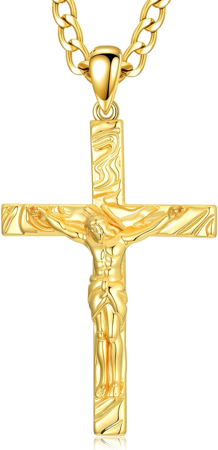 18K Gold Crucifix Necklace for Men 18K Gold Cross Pendant Chain Jesus Cross Necklace Religious Jewelry Christian Gift