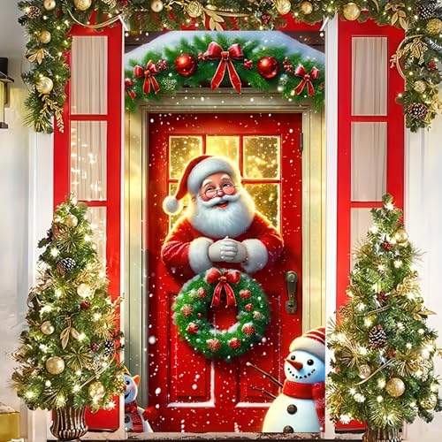 Image of BlissYard Christmas Door Cover Santa Pine Greenery 35x71 Inch Polyester