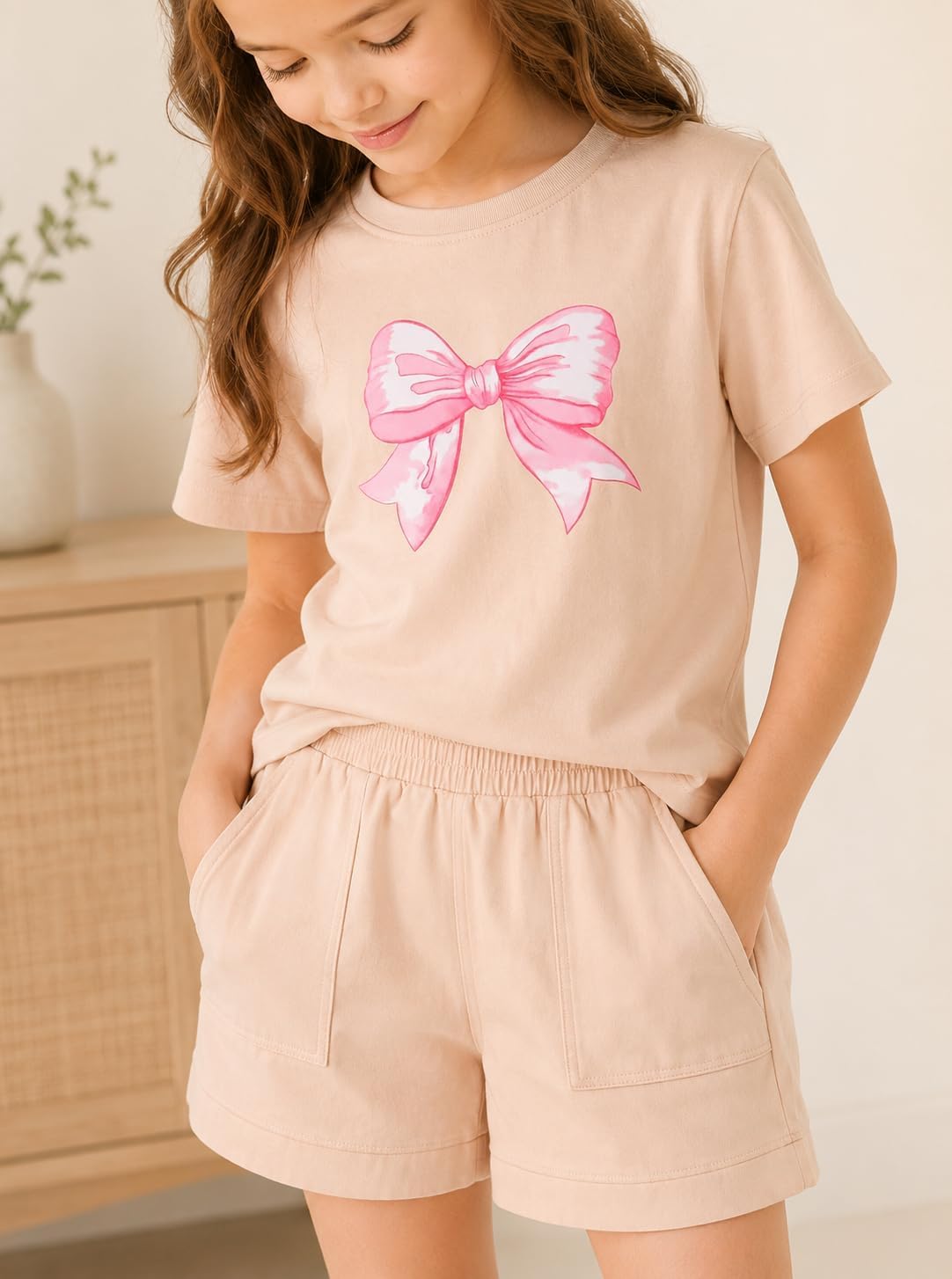 Girls 2 Piece Summer Outifts Graphic Short Sleeve Tops and Elastic Waist Shorts Set with Pocket