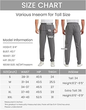 TTZ Mens Tall Sweatpants 34/36 Inseam Workout Pants for Tall Men