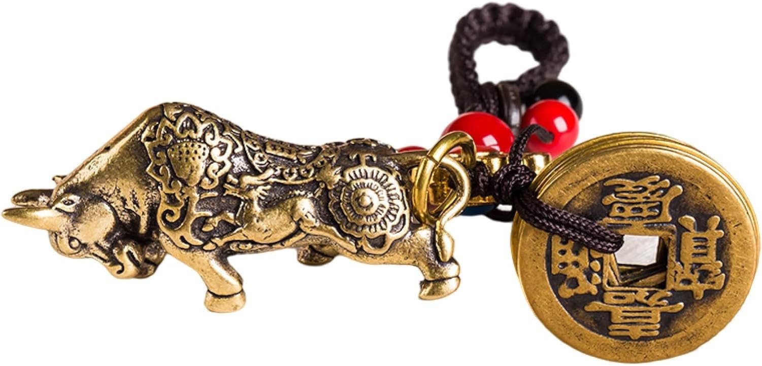 HURUMA Key Holder Compass Collection Handcrafted Brass Sculpture Collectible Tea Pet Fengshui Figurine Statue Artware Brass Bullfighting Design for Home Office Car Acc
