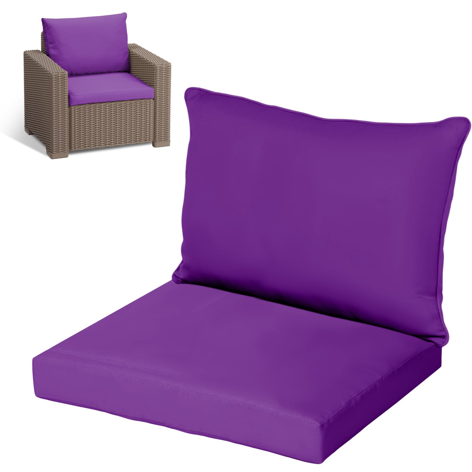 KISAA Living Replacement Rattan Cushion Seat Pads, 2-Piece Armchair Set (1 Seat Pad, 1 Back Cushion), Water Resistant Outdoor Patio Garden Furniture Seating (Purple, For Armchair)