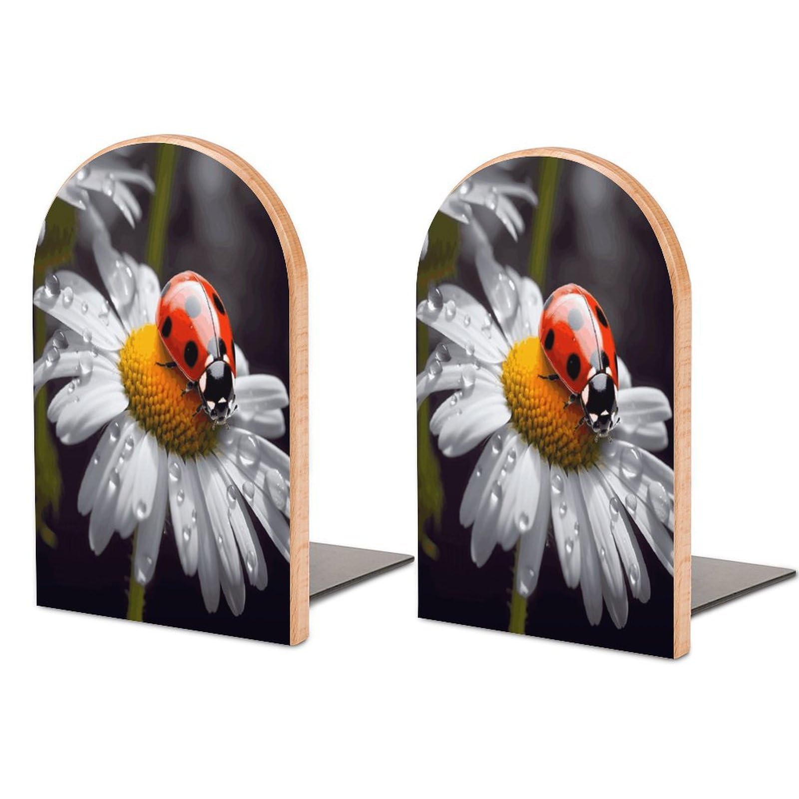 Ladybug on Daisy Flower Bookends Modern Bookends for Shelves Fashion Heavy Duty Book Stopper Sturdy Non-Skid Metal Base Wood Book Ends for Library Home Office 1 Pair