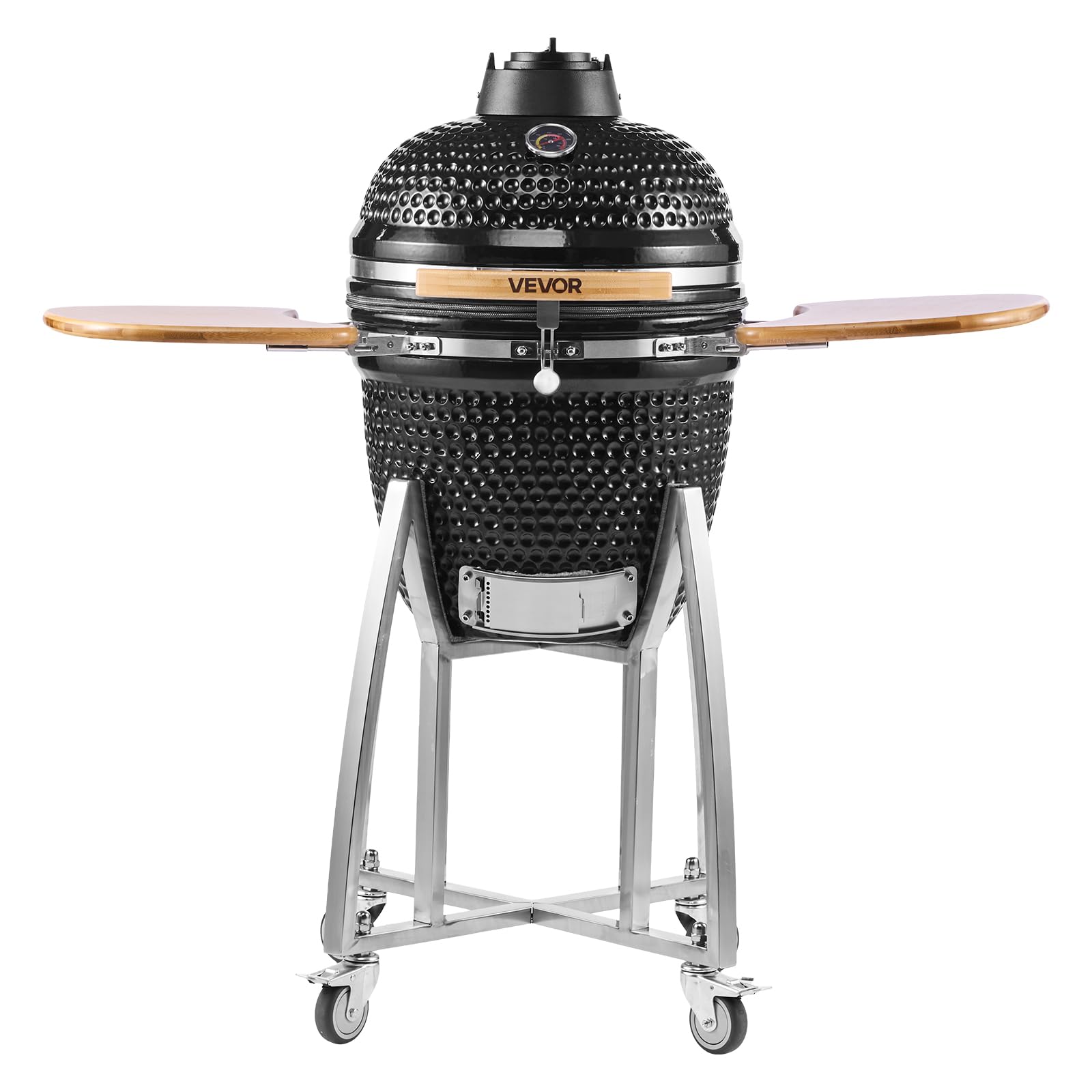 VEVOR Charcoal Smoker and Grill, 18" Kamado Charcoal BBQ Smoker, Movable Ceramic Barbecue Grill with 4 Wheels (2 Lockable), Built-in Thermometer, Air Vents & Side Shelf for Outdoor Patio Yar