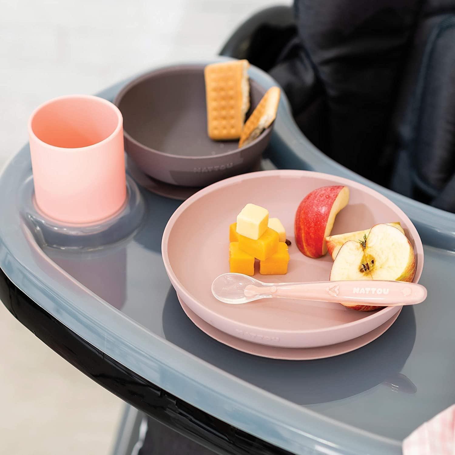 Nattou Stoviglie in silicone per bambini, 4 Pezzi, 1 Cucchiaio, 1 Tazza, 1 Piatto piano, 1 Piatto fondo, Antiscivolo, Senza BPA, Silicone, Verde/Beige