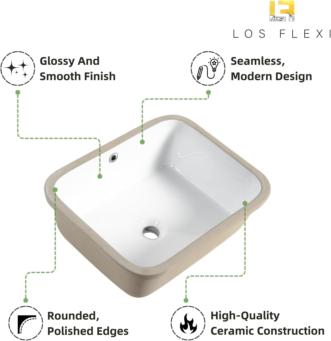 20"W x16"D Undermount Bathroom Sink Rectangular, Los Flexi White Ceramic Vanity Sinks with Overflow Hole & Deep Bowl, Space-Saving Porcelain Undermount Sink For Bathroom