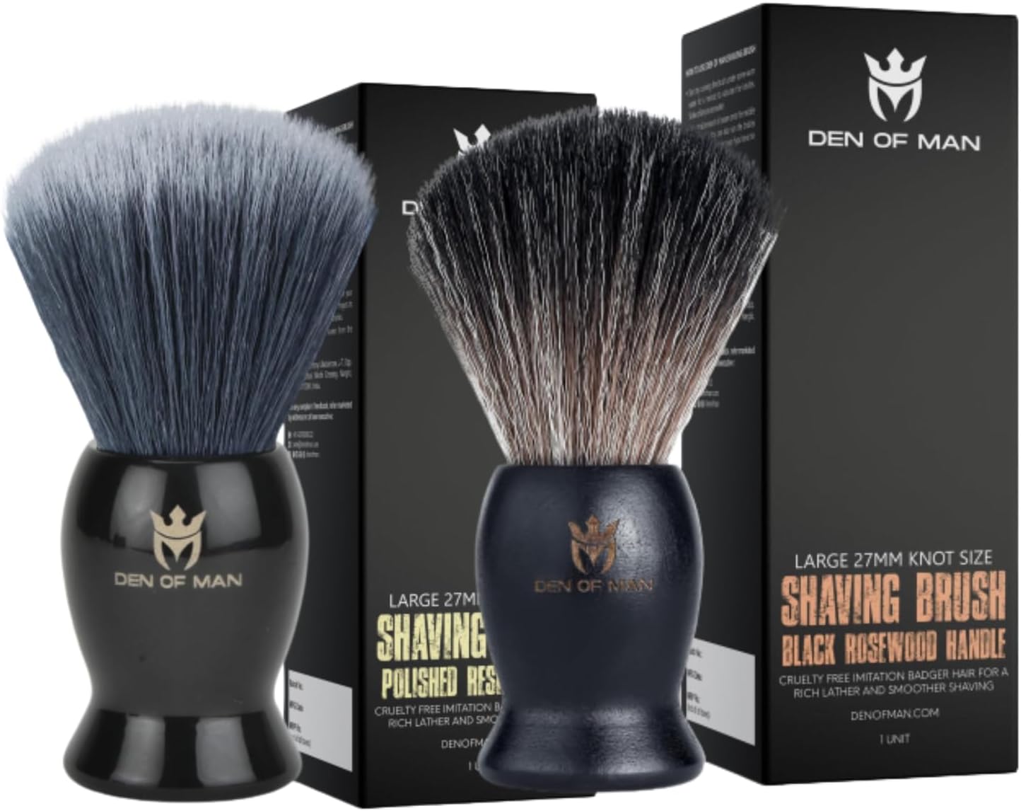 Den of Man Jumbo 27mm Knot Premium Cruelty Free Imitation Badger Hair Shaving Brush, Soft & Ultra Absorbent Bristles For Smooth Shave, Real Rosewood Handle & Black Resin Handle (Pack of 2)