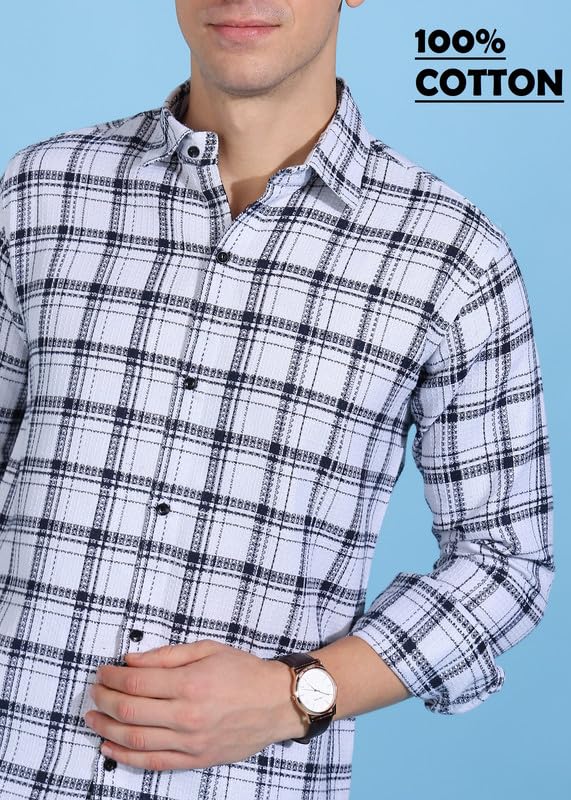 Image of MiraMichi Men's Pure Cotton Blue Checkered Full Sleeve Shirt - Regular Fit, Casual Wear, Comfortable and Stylish Design