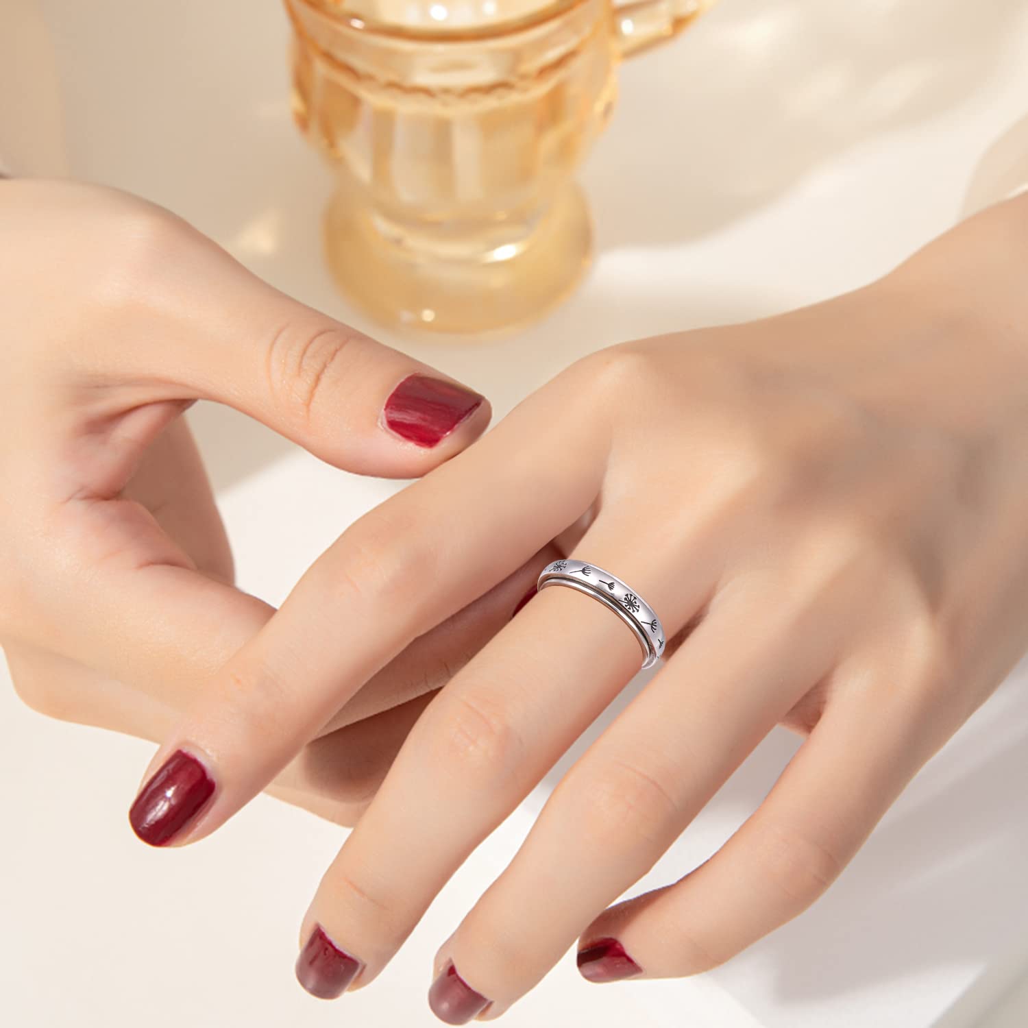 Flyow Weihnachtsgeschenke Just Breathe Spinner Ring für Damen Mädchen 925 Sterling Silber Löwenzahn Fidget Ringe für Angst Stress Relieving ADHD Autismus Ringe Inspirational Boho Band Ring