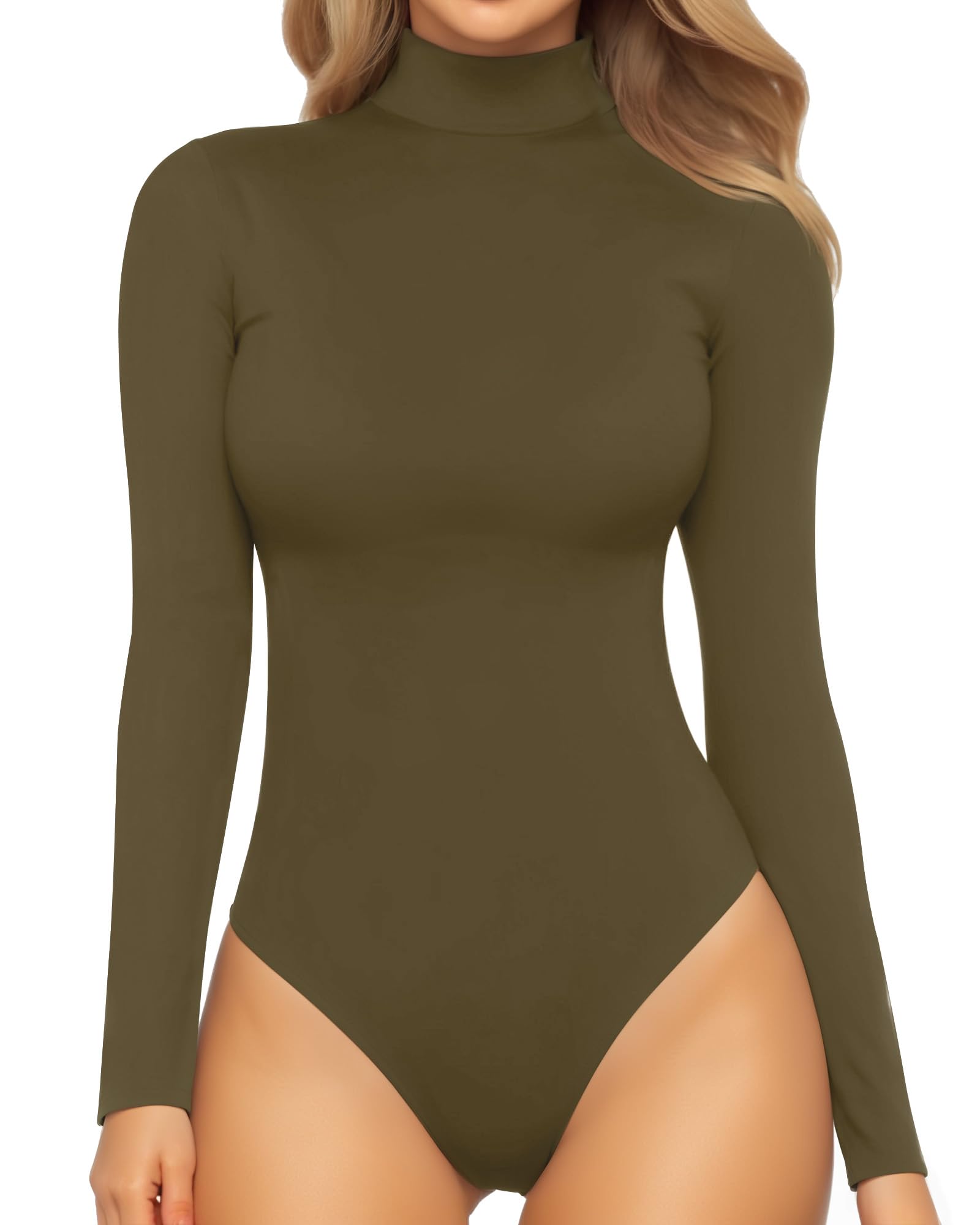 MANGOPOPWomen's Mock Turtle Neck Long Sleeve Tops Bodysuit Jumpsuit