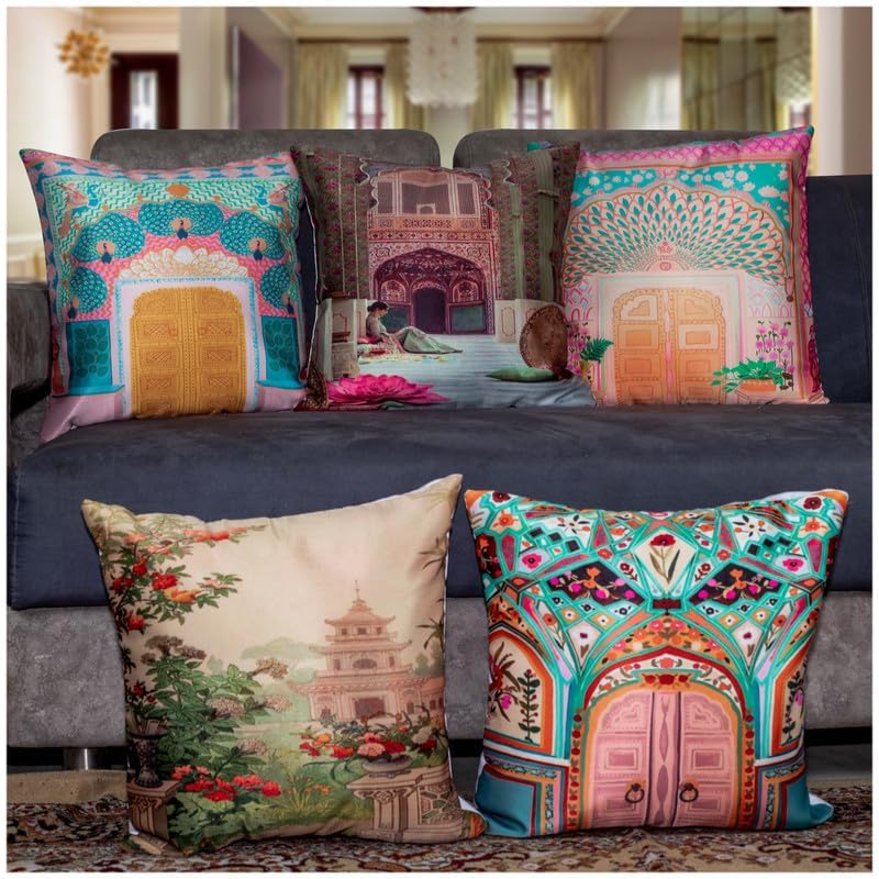 Image of Decorative Satin Sofa Cushion Covers Set of 5, 16 x 16 Inches, Multicolor Floral Printed Pillow Covers for Living Room, Bedroom, Couch & Sofa, Soft Glossy Fabric, Zipper Closure