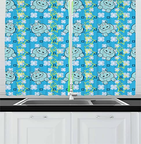 Ambesonne Yellow and Blue Long Kitchen Curtains, Funny Cartoon Hippopotamus with Stars and Daisy Flowers, 2 Panel Set Drapes with Rod Pocket Room Decor, 55