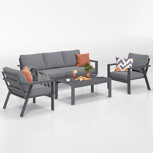 Miniatura 2 de Solaste Juego de muebles de aluminio para patio, sofá moderno de 4 piezas para exteriores con cojines resistentes al agua, juego de conversación de