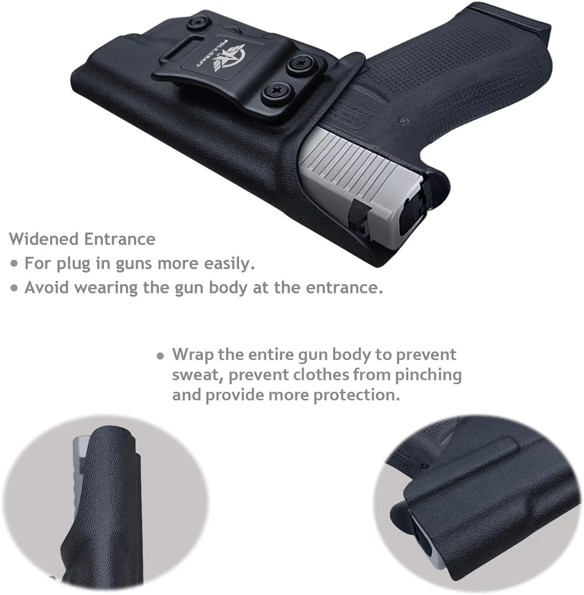 POLE.CRAFT IWB Kydex Holster Custom Fits: Glock 48 Pistol - Inside Waistband Concealed Carry - Cover Mag-Button - Widened Entrance - No Wear, No Jitter