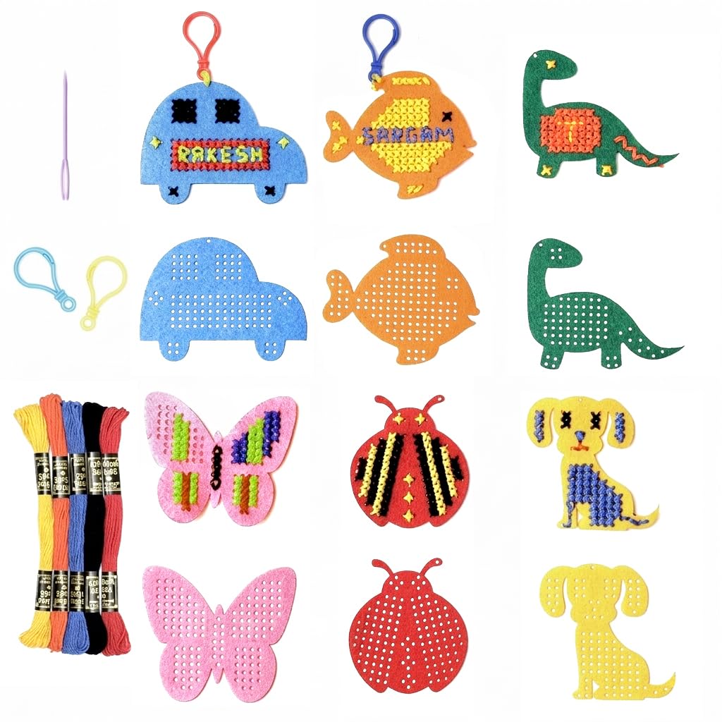picknMAKE Felt Sheet DIY Easy Embroidery Kit for Kids | 6 Cute Animal Shapes (Butterfly, Fish, Dog, Car, Giraffe & Lady Bug) | Includes Threads, Plastic Needle, Cutter & Key Hooks-image-16