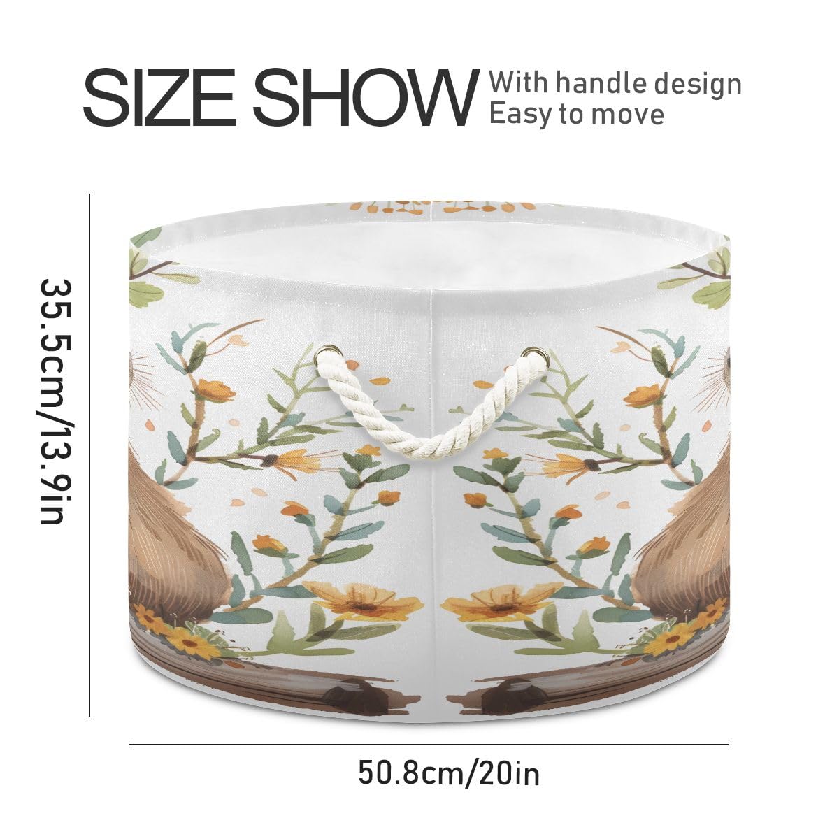 Round Storage Basket Cute Capybara with Yellow Flowers Open Home Storage Bin 20 * 13.9in
