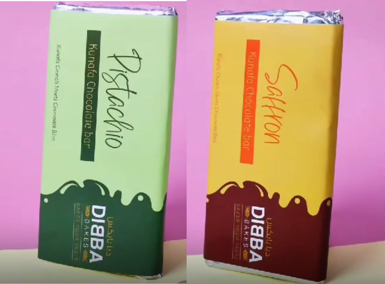 Kunafa Chocolate Bar Pistachio+Saffron Flavor 150 gram. Freshly Made With Real Kunafa Two Delicious Flavors- (Pack of 2)