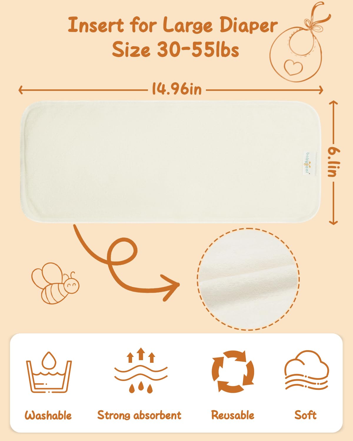 babygoal Insertos de pañales de tela grandes, 12 piezas para niños pequeños, 4 capas de rayón de bambú para pañales de tela babygoal grandes, 12ZMB-B