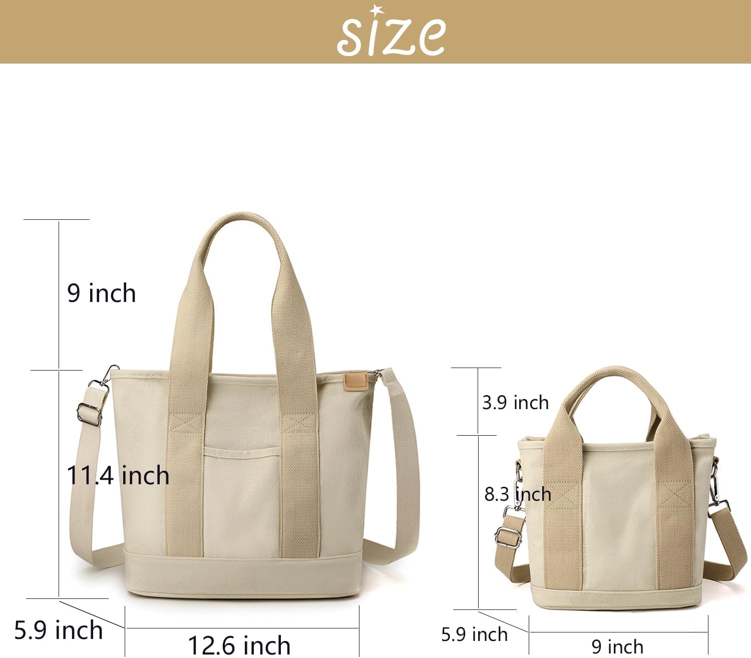 Canvas Tote Bag for Women,Small Totes Bags with Zipper Crossbody Purse with Pockets Large Shoulder Handbag,2 Sizes - Image 3