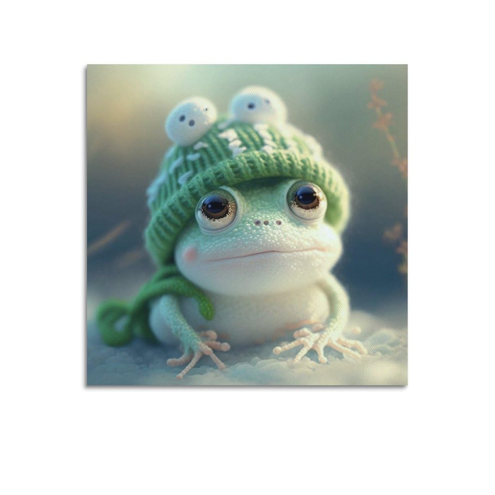 Xkuga Boys Unframe-Style Cartoon Animal Poster Wildlife Vintage Cute Frog Knitted Hat Modern Decorative Canvas Prints - Ideal Wall Art For Family, Man Cave, Game Room, & Girls Bedroom 12X12inch(30X30cm)