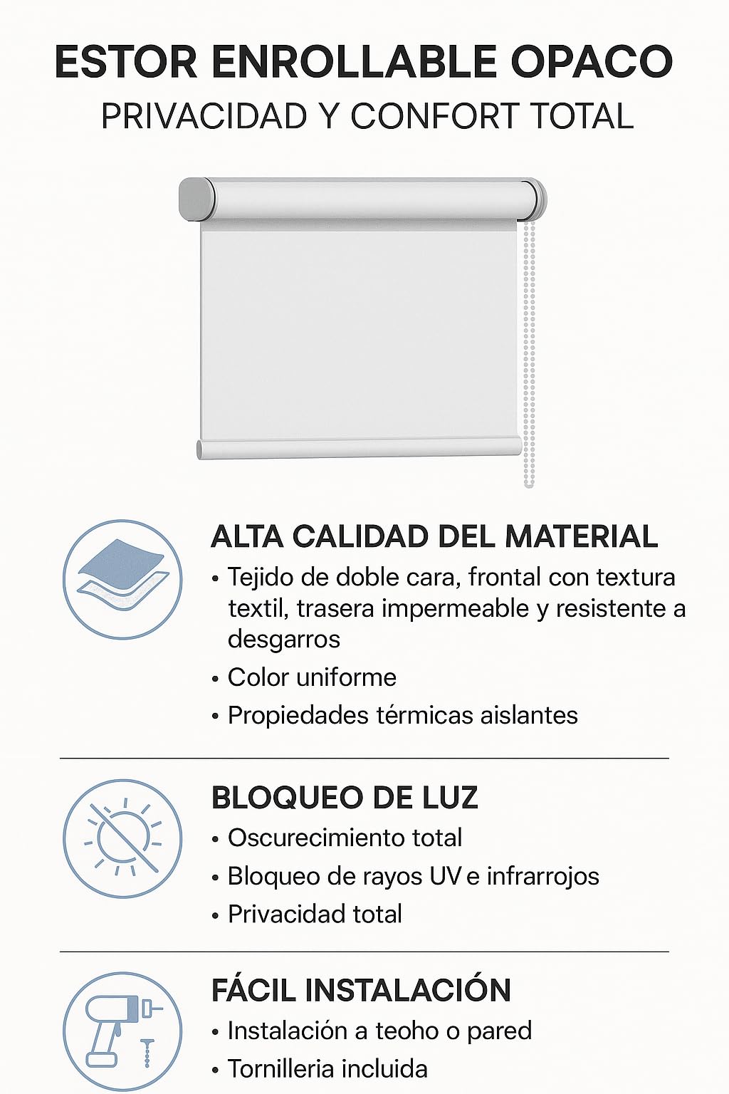 VIEWTEX | Estor Enrollable Opaco Térmico Marfil 135 X 190cm | Bloquea la Entrada de la luz | Fabricado en España | Garantia 5 años