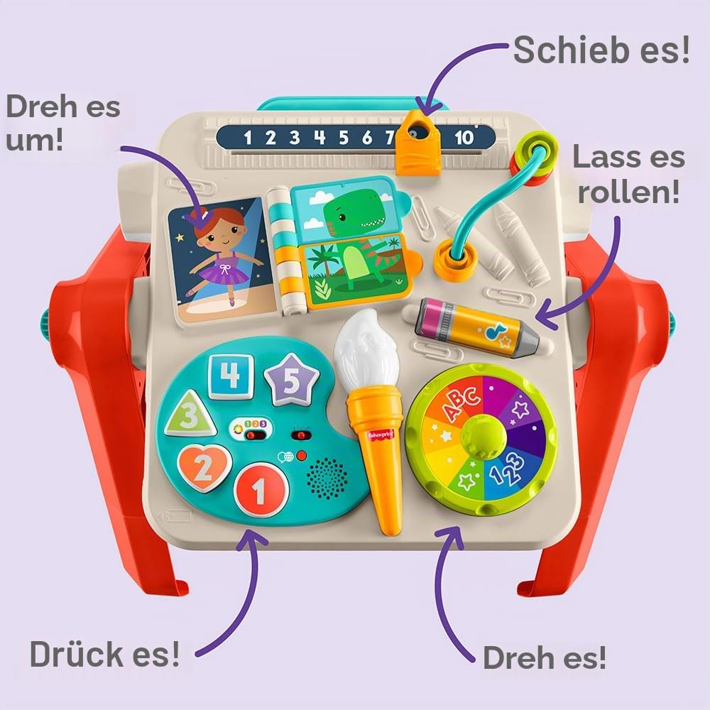 Fisher-Price Laugh & Learn JGW89 4-in-1-Aktivitätstisch und Staffelei mit pädagogischer Musik für Jungen und Mädchen ab 6 Monaten, mehrsprachige Version | Italienisch, Spanisch, Portugiesisch und Englisch, Laugh & Learn, Aktivitätsplatt, Lernmusik, ab 6 M