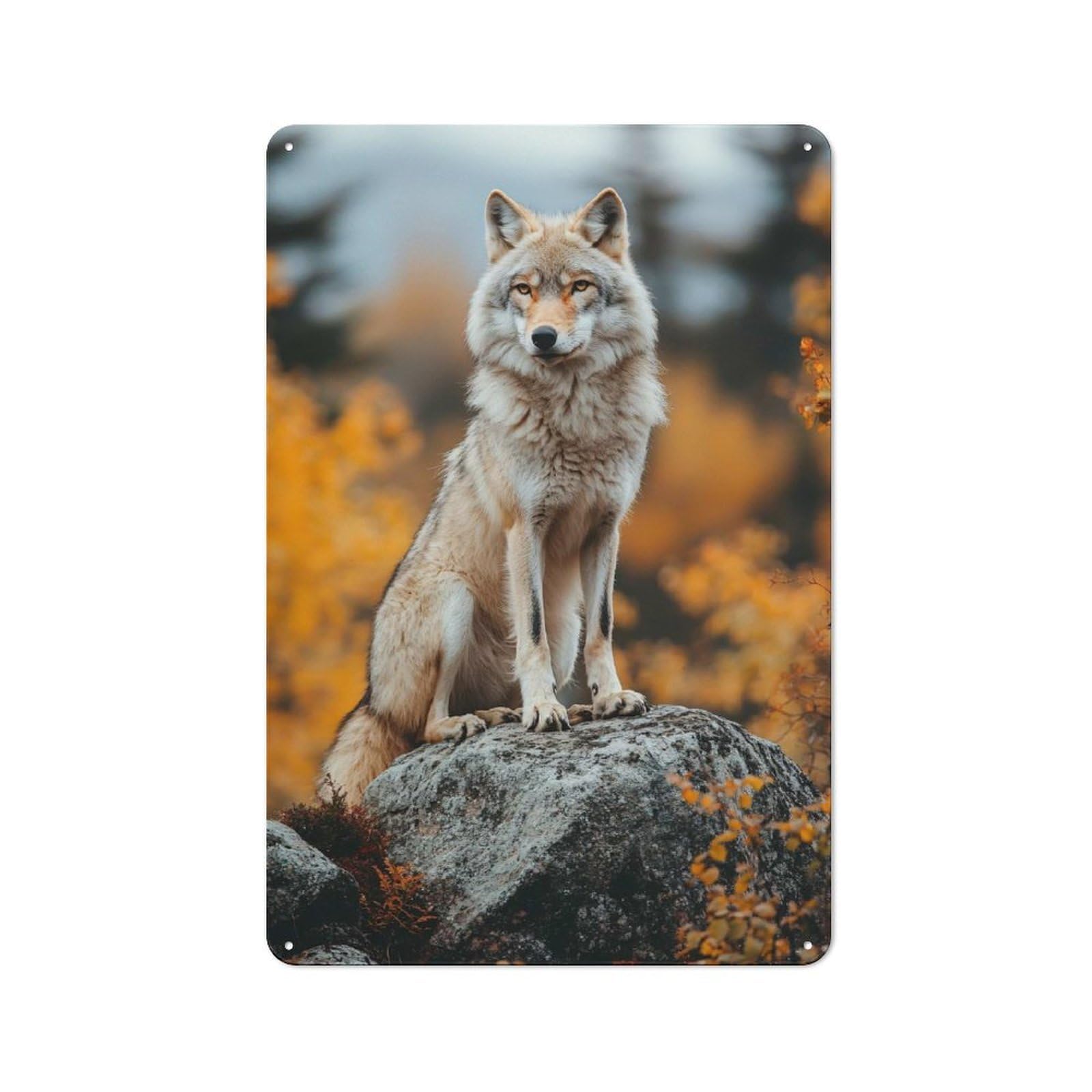 Junmoney Style-22 Wolf Portrait On Rock In Autumn Retro Tin Wall Plaque 30X20cm For Hobby Room Or Studio, For Garage, Workshop And Man Cave Decoration