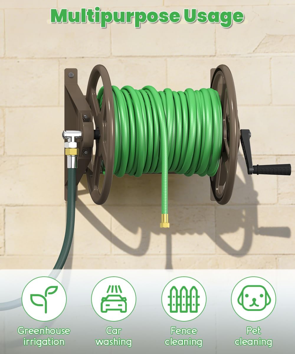 Garden Hose Reel Wall Mounted, Heavy-Duty Water Hose Holder Winder with 3.9 ft Leader Hose & Brass Fitting, Hose Hanger Storage Rack Holds 125-Feet of, 5/8-Inch, for Yard Lawn Farm, Brown