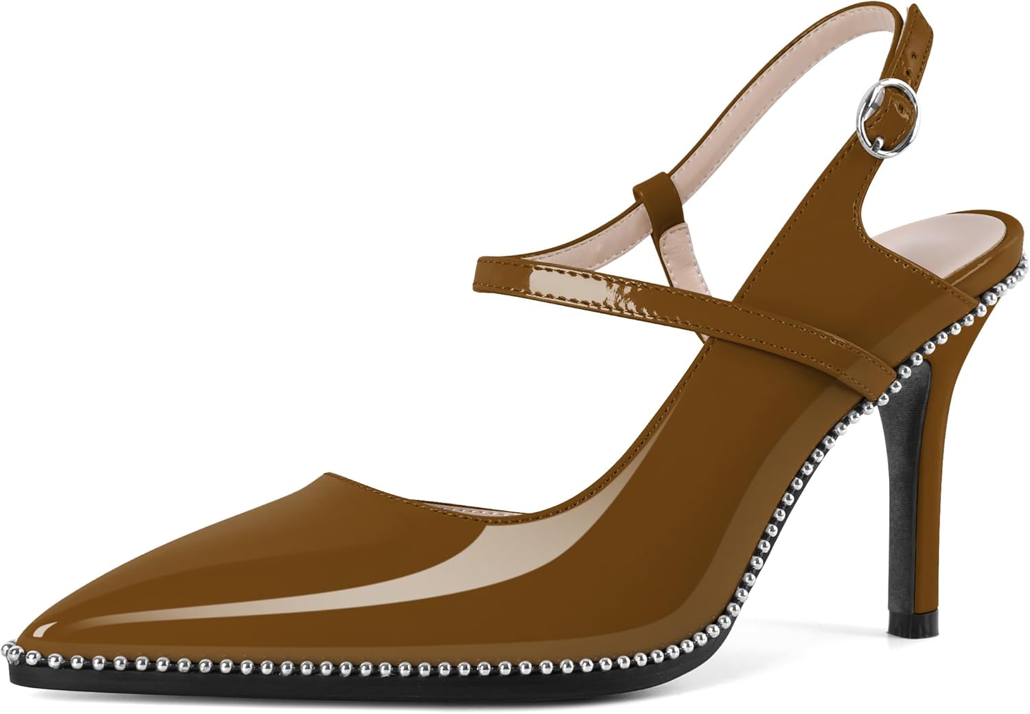 SAMMITOP Women Slingback Heels Ankle Strap Beaded D'Orsay Stiletto High Heel Close Pointed Toe Wedding Dress Pumps Shoes 3.5 Inch