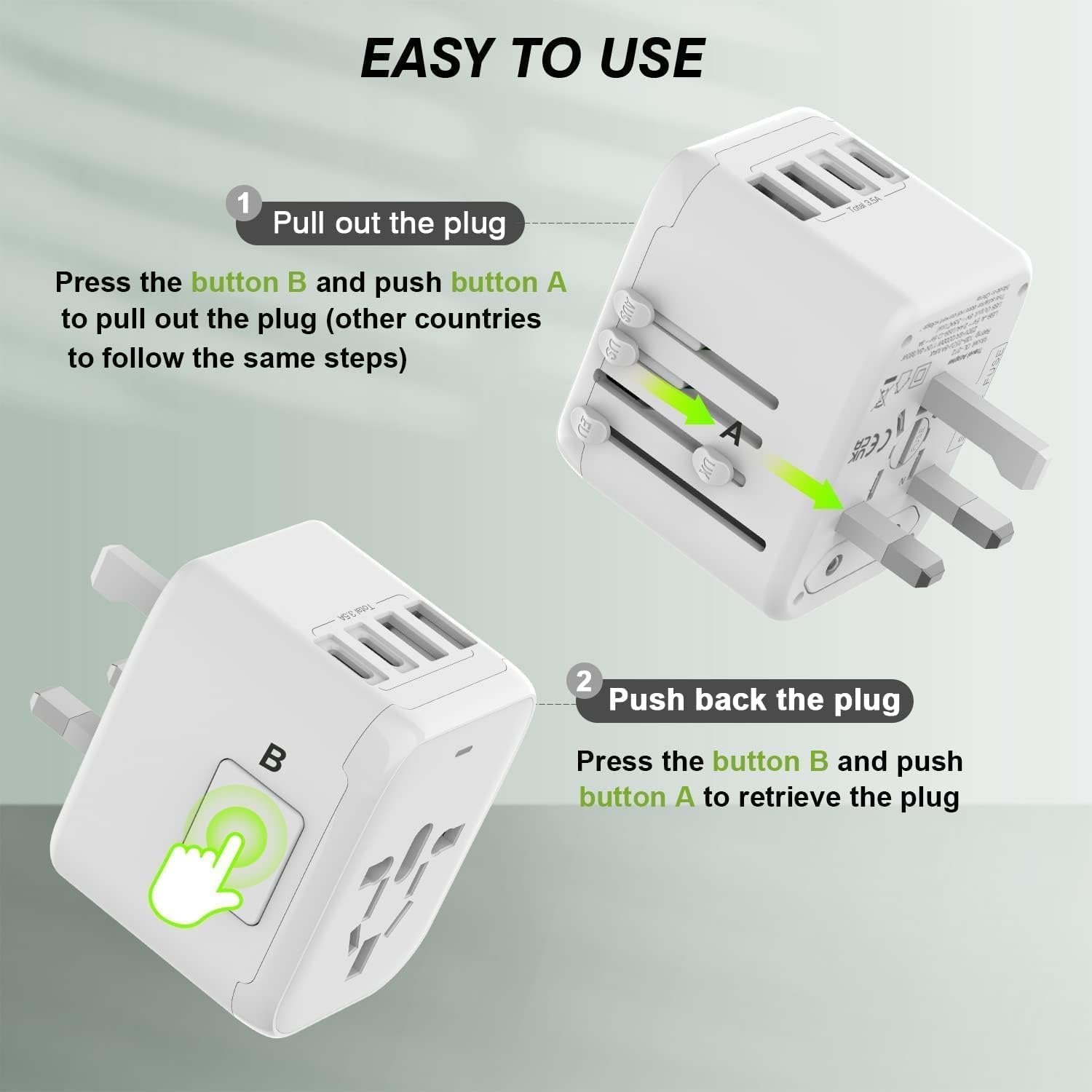 VYLEE Universal International Power Travel Plug Adapter, 5 in 1 European Travel Plug Adapter W/ 3.5A 2xUSB-A and 2xUSB C Wall Charger and Worldwide AC Outlet for Europe USA UK AUS Asia - Image 6