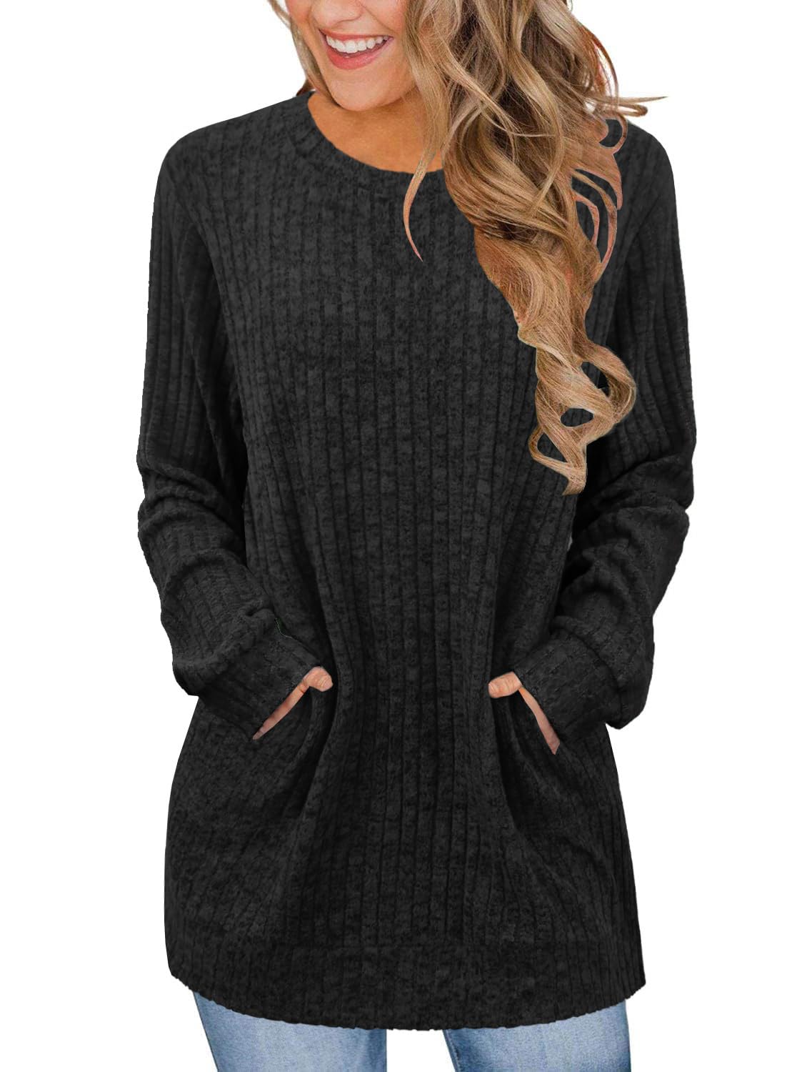 JomeDesign Sweaters for Women Dressy Casual Long Sleeve Shirts Crewneck Fall Outfits with Pocket Tunic Tops